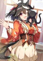 Rule 34 | 1girl, absurdres, ahoge, animal, animal ears, black hair, blush, breasts, cat, commentary request, corset, cosplay, curtains, ear covers, frilled kimono, frills, hair between eyes, highres, holding, holding animal, horse ears, horse girl, horse tail, indoors, japanese clothes, kimono, kitasan black (umamusume), lens flare, long sleeves, maid, manhattan cafe (umamusume), manhattan cafe (umamusume) (cosplay), manhattan cafe (verdant night) (umamusume), medium breasts, multicolored hair, one eye closed, open mouth, red corset, red eyes, red kimono, short hair, single ear cover, smile, solo, streaked hair, sunny (20597521), tail, two side up, umamusume, wa maid, white hair, wide sleeves, window