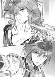 Rule 34 | 1boy, 1girl, assassins pride, breasts, cleavage, collarbone, greyscale, hair between eyes, head tilt, highres, holding, holding polearm, holding weapon, long hair, long sleeves, looking at viewer, medium breasts, military, military uniform, monochrome, ninomoto, novel illustration, official art, open mouth, parted lips, polearm, portrait, split screen, undressing, uniform, weapon