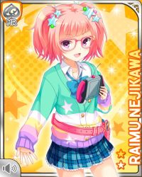 Rule 34 | 1girl, asymmetrical legwear, belt, blue bow, bow, cardigan, character name, controller, girlfriend (kari), glasses, hair ornament, holding, looking at viewer, medium hair, mismatched legwear, nejikawa raimu, official art, open mouth, pink belt, pink hair, pocket, purple eyes, qp:flapper, roller skates, shoes, skates, smile, sneakers, solo, standing, tagme, tool, twintails, yellow background
