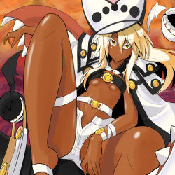 Rule 34 | 1girl, arc system works, bad id, bad pixiv id, barefoot, belt, belt bra, blonde hair, breasts, cape, coat, creature, dark-skinned female, dark skin, dual wielding, expressionless, guilty gear, guilty gear xrd, hat, highres, holding, long hair, mashio, open fly, ramlethal valentine, reclining, short shorts, shorts, silver hair, solo, spread legs, thigh strap, underboob, unzipped, yellow eyes