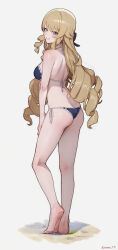 1girl absurdres alternate_costume artist_name ass bare_legs bare_shoulders barefoot bikini black_bow blonde_hair blue_bikini blue_eyes bow butt_crack commentary earrings feet full_body genshin_impact hair_bow highres jewelry legs long_hair looking_at_viewer median_furrow navia_(genshin_impact) shoulder_blades smile soles solo sooon standing swimsuit very_long_hair