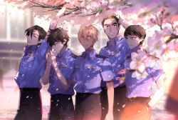 Rule 34 | 5boys, :d, amuro tooru, arm at side, arm behind back, arm up, belt, black hair, blonde hair, blue eyes, blue shirt, blurry, blurry background, brown eyes, brown hair, cherry blossoms, cigarette, closed mouth, collared shirt, commentary request, date wataru, day, falling petals, flower, from side, hagiwara kenji, hair between eyes, hand in pocket, happy, holding, holding lighter, kanamura ren, lighter, lighting cigarette, looking to the side, looking up, male focus, matsuda jinpei, meitantei conan, mouth hold, multiple boys, open mouth, parted lips, petals, pink flower, police, police uniform, policeman, scotch (meitantei conan), shirt, short hair, short sleeves, smile, standing, stretching, tree, uniform, watch, wristwatch