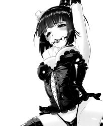 Rule 34 | 1girl, arms up, ball gag, bdsm, blunt bangs, bob cut, bondage, boots, bound, breasts, bustier, choker, comic, elbow gloves, female focus, gag, gagged, gloves, greyscale, hair ornament, highleg, highleg panties, ikezaki misa, large breasts, monochrome, panties, queen slave, sadou reika, slave, solo, teardrop, thigh boots, thighhighs, transparent background, underwear, wiffle gag