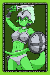 Rule 34 | 1girl, arm up, armor, bad id, bad pixiv id, belt, bikini, breasts, caracol, colored skin, female focus, forked tongue, green eyes, green skin, green theme, helmet, looking at viewer, monster girl, navel, pointy ears, reptile girl, shield, simple background, solo, swimsuit, sword, tail, tongue, weapon