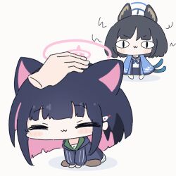 Rule 34 | 2girls, animal ear fluff, animal ears, animated, animated gif, black hair, blue archive, blue halo, blue neckerchief, blunt bangs, cat ears, cat tail, chibi, closed eyes, closed mouth, hair ornament, hairclip, halo, heart, jealous, kazusa (blue archive), kikyou (blue archive), long sleeves, medium hair, multicolored hair, multiple girls, multiple tails, neckerchief, no nose, petting, pink hair, pink halo, sailor collar, shirt, skirt, slit pupils, standing, tail, two-tone hair, umihio, white shirt