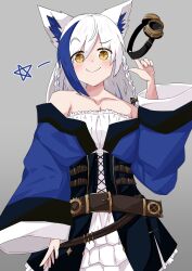 Rule 34 | 1girl, absurdres, animal ear fluff, animal ears, aomiya yozuri, bare shoulders, belt, blue hair, blue jacket, blush, braid, breasts, cat ears, cat girl, cleavage, commentary request, dress, goggles, grey background, hair between eyes, highres, jacket, long hair, looking at viewer, multicolored hair, off-shoulder jacket, off shoulder, pentagram, sasamiya, simple background, small breasts, smile, solo, strapless, strapless dress, streaked hair, twin braids, vee (vtuber), virtual youtuber, white dress, white hair, yellow eyes