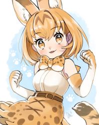 Rule 34 | 1girl, :p, animal ears, bad id, bad twitter id, belt, blonde hair, bow, bowtie, commentary request, elbow gloves, erodaimyo, extra ears, gloves, high-waist skirt, kemono friends, looking at viewer, medium hair, paw pose, paw print, paw print background, print bow, print bowtie, print neckwear, print skirt, serval (kemono friends), serval print, serval tail, shirt, skirt, sleeveless, sleeveless shirt, smile, solo, tail, tongue, tongue out, white shirt, yellow eyes