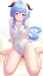 Rule 34 | airool, blue hair, blush, breasts, feet, ganyu (genshin impact), genshin impact, highres, horns, nipples, purple eyes, see-through, swimsuit, thighs, wet, wet clothes, wet swimsuit