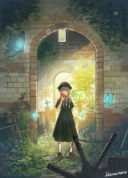Rule 34 | 1girl, apple, arch, arm at side, artist name, black dress, black headwear, blue butterfly, blush, bow, bug, butterfly, dress, eating, fantasy, food, fruit, grey bow, grey hair, hat, highres, holding, holding food, holding fruit, bug, original, outdoors, ruins, sakura inu (itoyatomo), scenery, short sleeves, standing, sunlight, tree
