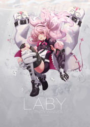 Rule 34 | 1girl, :o, absurdres, black gloves, black hairband, black shorts, boots, bubble, character name, drakol, elbow gloves, elsword, eternity winner (elsword), full body, gloves, grey background, hairband, hand on own knee, highres, jacket, jacket on shoulders, knee boots, laby (elsword), long hair, open mouth, pink eyes, pink hair, shorts, shoulder pads, underwater