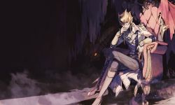 Rule 34 | 1boy, blonde hair, boots, choker, covering own mouth, crossed legs, dragon, duel monster, ebira, fingernails, glowing, glowing eyes, hand over own mouth, jack atlas, jewelry, long coat, long sleeves, male focus, orange eyes, purple eyes, red dragon archfiend, short hair, sitting, spiked hair, throne, yu-gi-oh!, yu-gi-oh! 5d&#039;s