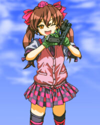 Rule 34 | 1girl, ;d, anime coloring, black skirt, black thighhighs, bow, brown hair, buttons, checkered clothes, checkered skirt, commentary request, cowboy shot, enohito84, fang, gloves, green gloves, grey shirt, gun, hair between eyes, hair bow, handgun, hands up, hat, highres, himekaidou hatate, holding, holding gun, holding weapon, long hair, looking at viewer, miniskirt, one eye closed, open mouth, orange eyes, partial commentary, pink bow, pink skirt, pink vest, pleated skirt, puffy short sleeves, puffy sleeves, shirt, short sleeves, sig p220/p226, skirt, smile, solo, standing, thighhighs, tokin hat, touhou, twintails, vest, weapon