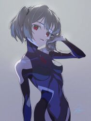 Rule 34 | 1girl, adjusting hair, bodysuit, breasts, expressionless, grey hair, highres, jdge, looking at viewer, original, parted lips, red eyes, short hair, short twintails, small breasts, solo, twintails, upper body