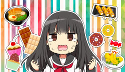 Rule 34 | 1girl, bad id, bad pixiv id, black hair, black sailor collar, brown eyes, candy, candy wrapper, cherry, chijou noko, chikanoko, chocolate, chocolate bar, commentary request, cupcake, doughnut, food, fruit, hands up, highres, long hair, long sleeves, noodles, open mouth, ragho no erika, ramen, red neckwear, sailor collar, shirt, shrimp, shrimp tempura, solo, striped, striped background, sweat, teardrop, tempura, upper body, v-shaped eyebrows, vertical stripes, wavy mouth, white shirt
