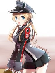 Rule 34 | 1girl, anchor hair ornament, aqua eyes, black ribbon, black skirt, blonde hair, brown background, commentary request, cowboy shot, cross, gloves, gradient background, hair ornament, hat, iron cross, kantai collection, leaning forward, low twintails, microskirt, military, military hat, military uniform, one-hour drawing challenge, open mouth, peaked cap, primary stage, prinz eugen (kancolle), ribbon, skirt, solo, twintails, twitter username, uniform, white background, white gloves