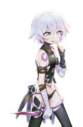 Rule 34 | 1girl, arm belt, bandaged arm, bandages, belt buckle, black panties, buckle, candy, dagger, facial scar, fate/apocrypha, fate/grand order, fate (series), food, food in mouth, fox (770205490), gloves, green eyes, highres, holding, holding knife, jack the ripper (fate/apocrypha), knife, lollipop, lowleg, lowleg panties, panties, reverse grip, scar, scar across eye, scar on cheek, scar on face, shoulder tattoo, simple background, single glove, solo, tattoo, underwear, weapon, white background, white hair