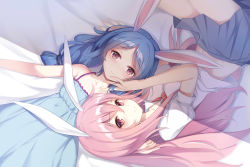 Rule 34 | 2girls, absurdres, animal ears, bare arms, bare shoulders, bed sheet, blue dress, blue hair, rabbit ears, closed mouth, dress, grey skirt, highres, light smile, long hair, looking at viewer, lying, miniskirt, multiple girls, muyue, navel, necktie, on back, pink hair, puffy short sleeves, puffy sleeves, red eyes, red neckwear, reisen udongein inaba, seiran (touhou), shirt, short sleeves, skirt, sleeveless, sleeveless dress, touhou, white shirt