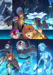 Rule 34 | 2girls, absurdres, braid, breasts, clenched teeth, cloak, commentary, commission, elf, english commentary, flower, frozen, green eyes, green hair, hat, headband, highres, holding, holding lantern, ibenz009, ice, ice crystal, lantern, long hair, medium breasts, multicolored hair, multiple girls, open mouth, orange hair, original, petrification, pointy ears, red hair, ruins, snow, teeth, two-tone hair, wide-eyed, wind