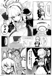 Rule 34 | 1boy, 3girls, doodle sensei (blue archive), artist name, blue archive, blush, bow, bowtie, check translation, chest harness, closed eyes, comic, fingerless gloves, gloves, greyscale, halo, harness, highres, j.h j.h, juliet sleeves, long sleeves, looking at viewer, maid, maid headdress, miyako (blue archive), monochrome, multiple girls, paper on head, puffy sleeves, rabbit pose, saki (blue archive), sensei (blue archive), short hair, smile, smug, speech bubble, thumbs up, toki (blue archive), translation request