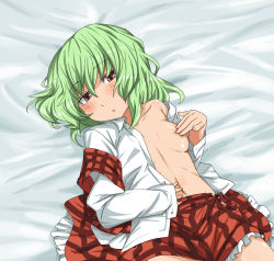 Rule 34 | 1girl, bed, bed sheet, breasts, covering privates, covering breasts, female focus, green hair, kazami yuuka, loggy, lying, messy hair, no bra, on back, open clothes, open shirt, plaid, plaid skirt, plaid vest, red eyes, shirt, short hair, skirt, skirt set, small breasts, solo, touhou, vest