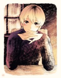 Rule 34 | 1boy, arm support, black sweater, blush, border, chair, interlocked fingers, kaneki ken, long sleeves, male focus, multicolored hair, nabe-box, own hands together, red eyes, short hair, sitting, smile, sweater, table, tokyo ghoul, two-tone hair, white border