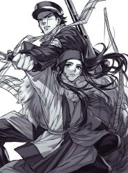 Rule 34 | 10s, 1boy, 1girl, ainu, ainu clothes, arisaka, asirpa, bandana, black hair, blue eyes, bolt action, bow (weapon), cape, checkered clothes, checkered scarf, child, earrings, facial scar, fur cape, golden kamuy, greyscale, gun, hat, holding, holding weapon, hoop earrings, jewelry, komiya kuniharu, long hair, manly, military, military hat, military uniform, monochrome, peaked cap, rifle, scar, scar on cheek, scar on face, scar on mouth, scar on nose, scarf, short hair, spot color, sugimoto saichi, uniform, weapon