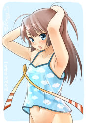 Rule 34 | 1girl, blue background, blue camisole, brown hair, camisole, cloud print, commentary request, grey eyes, hair ribbon, holding, holding own hair, kantai collection, kazagumo (kancolle), long hair, looking at viewer, one-hour drawing challenge, out-of-frame censoring, ponytail, ray.s, ribbon, solo, upper body