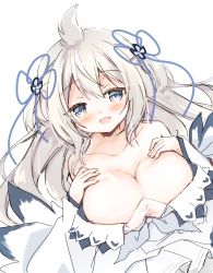 Rule 34 | 1girl, :d, ahoge, alternate breast size, azur lane, bare shoulders, blush, breasts, brown hair, character request, cleavage, collarbone, dress, grey eyes, hair between eyes, hands up, highres, large breasts, long hair, long sleeves, looking at viewer, off-shoulder dress, off shoulder, open mouth, purinpurin, simple background, sleeves past wrists, smile, solo, two side up, umikaze (azur lane), white background, white dress
