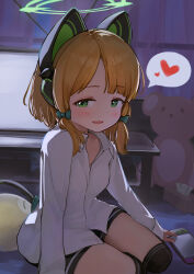 Rule 34 | 1girl, absurdres, animal ear headphones, animal ears, black shorts, black thighhighs, blonde hair, blue archive, blush, bow, cat ear headphones, cat tail, collared shirt, commentary, fake animal ears, fake tail, green bow, green eyes, green halo, hair bow, halo, handheld game console, headphones, heart, highres, indoors, long sleeves, low-tied sidelocks, midori (blue archive), nintendo switch, no jacket, over-kneehighs, parted bangs, parted lips, ryh4, shirt, short shorts, shorts, solo, speech bubble, spoken heart, stuffed animal, stuffed toy, tail, thighhighs, tissue box, white shirt