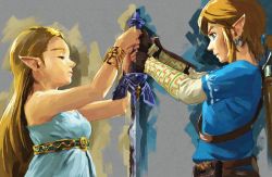 Rule 34 | 1girl, artist request, belt, blonde hair, blue eyes, breasts, brown hair, closed eyes, cover, cover page, dress, earrings, faux traditional media, fingerless gloves, gloves, hair pulled back, high belt, holding, holding sword, holding weapon, jewelry, link, master sword, nintendo, nose, official art, pointy ears, princess zelda, short ponytail, sidelocks, sleeveless, sleeveless dress, small breasts, sword, the legend of zelda, the legend of zelda: breath of the wild, tunic, weapon