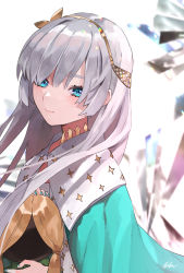 Rule 34 | 1girl, anastasia (fate), bebe (bebe pp), blue eyes, blue nails, blush, cape, commentary request, doll, dress, fate/grand order, fate (series), hair between eyes, hair over one eye, hairband, highres, holding, jewelry, long hair, looking at viewer, nail polish, royal robe, signature, silver hair, smile, solo, very long hair, white dress