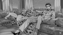 Rule 34 | 2boys, ass, bad id, bad pixiv id, cigarette, cityscape, clothed male nude male, couch, fate/grand order, fate (series), greyscale, high heels, james moriarty (archer) (fate), looking at viewer, male focus, monochrome, multiple boys, nude, parody, pillow, sherlock holmes (fate), signature, smile, smoke