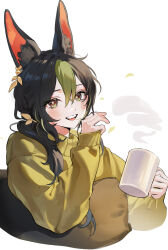 Rule 34 | 1boy, animal ear fluff, animal ears, black hair, blush, bright pupils, cup, double-parted bangs, fox ears, genshin impact, green hair, green sweater, hair between eyes, hand up, highres, holding, holding cup, long hair, long sleeves, looking at viewer, male focus, mug, multicolored hair, round teeth, sil435, solo, sweater, teeth, tighnari (genshin impact), two-tone hair, upper body, white background