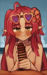 Rule 34 | 1girl, :3, absurdres, ahoge, arknights, bar censor, blush, censored, commentary, commentary request, earrings, english commentary, flower, green eyes, hair flower, hair ornament, handjob, heart, heart-shaped eyewear, hetero, highres, jewelry, long hair, looking at viewer, male pubic hair, mixed-language commentary, multiple earrings, myrtle (arknights), myrtle (summer flowers) (arknights), nipples, nude, parted bangs, penis, pointy ears, pov, pubic hair, purple-tinted eyewear, red flower, red hair, red nails, sunglasses, tinted eyewear, turnip eh