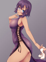 Rule 34 | 1girl, ass, bare shoulders, blue eyes, breasts, clothing cutout, covered erect nipples, cross-laced clothes, cross-laced cutout, dress, finger to mouth, from side, glasses, hair ornament, head tilt, high heels, highres, holding, holding shoes, large breasts, looking at viewer, nksk, no bra, no panties, original, parted lips, purple dress, purple hair, shoes, short hair, side slit, sideboob, simple background, solo, thighs, turtleneck, white footwear, x hair ornament