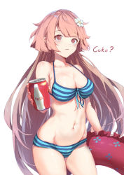 Rule 34 | 1girl, bare arms, bare shoulders, bikini, blue bikini, blush, breasts, brown hair, can, cleavage, coca-cola, coke, commentary request, cowboy shot, drink can, flower, front-tie bikini top, front-tie top, girls&#039; frontline, hair flower, hair ornament, holding, holding can, innertube, long hair, looking at viewer, medium breasts, navel, ntw-20 (girls&#039; frontline), ntw-20 (op. blazing sun) (girls&#039; frontline), official alternate costume, parted lips, red eyes, red innertube, simple background, soda, soda can, solo, standing, striped bikini, striped clothes, swim ring, swimsuit, toki (yoyobozi), very long hair, white background, white flower
