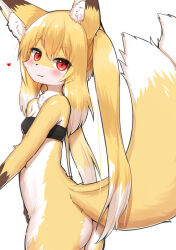 Rule 34 | 1girl, :3, animal ear fluff, animal ears, bandeau, bare shoulders, black bandeau, blonde hair, blush, body fur, bottomless, breasts, brown fur, cleavage, closed mouth, cowboy shot, fang, fang out, female focus, fox ears, fox girl, fox tail, from side, furry, furry female, happy, heart, highres, horokusa (korai), long hair, looking at viewer, multicolored fur, multicolored hair, multiple tails, original, red eyes, sidelocks, simple background, small breasts, smile, solo, standing, tail, tail raised, twintails, two-tone hair, two tails, white background, white fur, white hair, yellow fur
