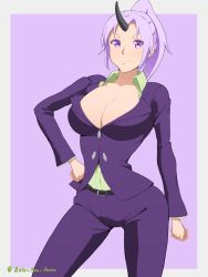 Rule 34 | 1girl, belt, black horns, black horns, breasts, cleavage, green shirt, hand on own hip, highres, horn, horns, large breasts, light purple hair, long hair, looking at viewer, office lady, oni, oni girl, oni horn, oni horns, pants, ponytail, purple background, purple eyes, purple hair, purple suit, shion (tensei shitara slime datta ken), shirt, signature, simple background, single horn, smile, solo, suit, tensei shitara slime datta ken, yukito kitto