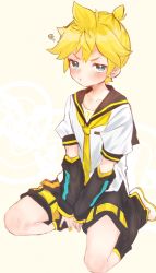 Rule 34 | 1boy, :i, arm warmers, bass clef, between legs, black sailor collar, black shorts, blonde hair, blue eyes, blush, collarbone, commentary, hand between legs, highres, kagamine len, leg warmers, looking at viewer, male focus, nail polish, necktie, pout, sailor collar, sat00e, school uniform, seiza, shirt, short ponytail, short sleeves, shorts, sitting, solo, spiked hair, squiggle, v-shaped eyebrows, vocaloid, white shirt, yellow background, yellow nails, yellow necktie