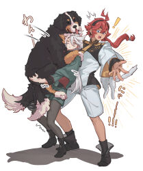 Rule 34 | !, 2girls, animal, black footwear, black hairband, black pantyhose, blue eyes, boots, cat, commentary request, dog, green jacket, green shorts, gundam, gundam suisei no majo, hairband, highres, holding, holding animal, holding dog, jacket, joker (jjjokerrr233), long sleeves, miorine rembran, multiple girls, one eye closed, pantyhose, parted lips, red hair, shadow, shorts, simple background, st bernard, suletta mercury, sweatdrop, thick eyebrows, white background, white hair, white jacket, white shorts
