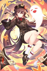 Rule 34 | 1girl, bare legs, bead bracelet, beads, black footwear, black headwear, black jacket, black nails, black shorts, boo tao (genshin impact), bracelet, brown hair, commentary, genshin impact, grin, hand up, highres, holding, holding polearm, holding weapon, hu tao (genshin impact), jacket, jewelry, long hair, long sleeves, looking at viewer, nail polish, nasaniliu, polearm, red eyes, shoes, short shorts, shorts, smile, socks, solo, spear, thighs, twintails, very long hair, weapon, white socks, wide sleeves