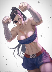 Rule 34 | 1girl, artist name, bandages, bare shoulders, black hair, blank eyes, breasts, capcom, cleavage, clenched hands, closed mouth, collarbone, english text, eyepatch, fighting stance, frown, genderswap, genderswap (mtf), highres, large breasts, long hair, looking at viewer, midriff, muay thai, navel, ponytail, red lips, sagat, scar, scar on chest, scar on face, scar on forehead, simple background, solo, street fighter, twitter username, wandzardeen, watermark, web address