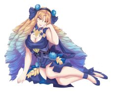Rule 34 | 1girl, astraea (fate), blonde hair, blue hair, breasts, cleavage, dress, fate/grand order, fate (series), flower, hair flower, hair ornament, hairband, highres, large breasts, long hair, looking at viewer, luviagelita edelfelt, lying, multicolored hair, open mouth, simple background, smile, solo, takkikun, twintails, white background, yellow eyes