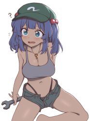 Rule 34 | 1girl, ?, blue eyes, blue hair, breasts, cachemerro, cleavage, collarbone, green hat, grey vest, hat, jewelry, kawashiro nitori, key, key necklace, midriff, navel, necklace, open mouth, simple background, sitting, solo, touhou, two side up, vest, white background