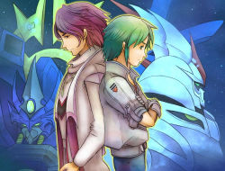 Rule 34 | 2boys, back-to-back, crossed arms, cybuster, gloves, granzon, green hair, jewelry, lowres, male focus, masaki andoh, mecha, multiple boys, necklace, neo granzon, purple hair, robot, short sleeves, shuu shirakawa, star (sky), super robot wars, super robot wars the lord of elemental