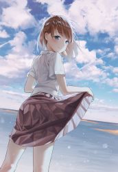 Rule 34 | 1girl, blue eyes, brown hair, brown skirt, closed mouth, clothes lift, cloud, day, dutch angle, floating hair, highres, lifted by self, looking at viewer, looking back, medium skirt, ocean, original, outdoors, pleated skirt, shirt, short hair, short sleeves, skirt, skirt lift, smile, solo, wet, wet clothes, wet shirt, white shirt, yampa