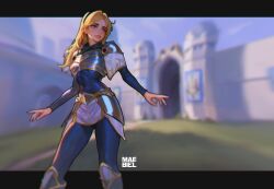 Rule 34 | 1girl, armor, artist name, black bodysuit, black hairband, blue eyes, blurry, blurry background, bodysuit, boots, breastplate, castle, covered navel, day, feet out of frame, hairband, knee boots, league of legends, long hair, long sleeves, lux (league of legends), maebiel, outdoors, parted lips, shiny clothes, shoulder plates, skirt, solo, teeth, white skirt