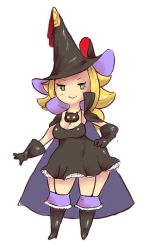 Rule 34 | 1girl, black dress, black gloves, black mage (final fantasy), black mage (final fantasy) (cosplay), blonde hair, blush stickers, boots, bravely default: flying fairy, bravely default (series), breasts, cape, cleavage, cosplay, dress, edea lee, flying fairy, garter straps, gloves, green eyes, hand on own hip, hat, inkerton-kun, smile, solo, thick thighs, thigh boots, thighhighs, thighs, white background, wide hips, witch hat