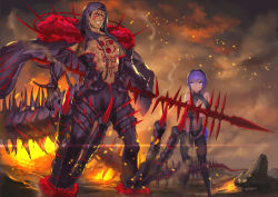Rule 34 | 1boy, 1girl, bad id, bad pixiv id, bare pectorals, black cape, black gloves, black hair, black hairband, black leotard, black pantyhose, blood, cape, chest tattoo, commentary request, cu chulainn (fate), cu chulainn (fate) (all), cu chulainn (fate/stay night), cu chulainn alter (fate), cu chulainn alter (fate/grand order), cu chulainn alter (third ascension) (fate), dark-skinned female, dark skin, facial mark, fate/grand order, fate (series), gae bolg (fate), gloves, grin, hair over shoulder, hair strand, hairband, hassan of serenity (fate), holding, holding polearm, holding spear, holding weapon, lancer, leotard, long hair, maekawa yuichi, lava, monster boy, pantyhose, pectorals, polearm, purple eyes, purple hair, red eyes, short hair, smile, spear, spikes, tail, tattoo, weapon