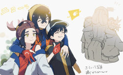 Rule 34 | 1girl, 2boys, arms around neck, black hair, blue jacket, brother and sister, carmine (pokemon), closed eyes, colored inner hair, creatures (company), crossed bangs, eyelashes, game freak, gloves, hair between eyes, hairband, height difference, highres, hug, hug from behind, jacket, kieran (pokemon), long hair, long sleeves, mizuirov, mole, mole under eye, multicolored hair, multiple boys, nintendo, open mouth, phone, pokemon, pokemon sv, red hair, selfie, siblings, smile, taking picture, tall female, thumbs up, two-tone hair, yellow eyes, yellow hairband